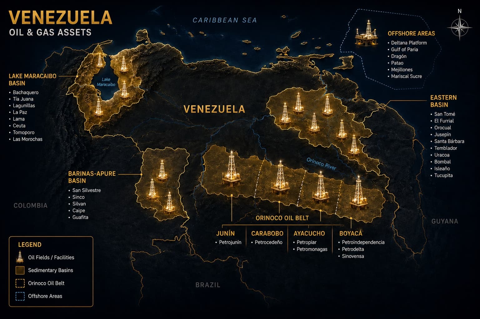 Map of Venezuela's oil and gas assets: Lake Maracaibo, Barinas-Apure and Eastern basins, the Orinoco Oil Belt and offshore areas
